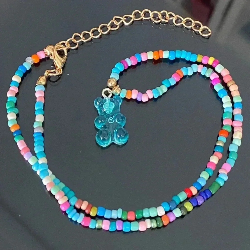 Blue Gummy Bear Handmade Seed Bead Necklace